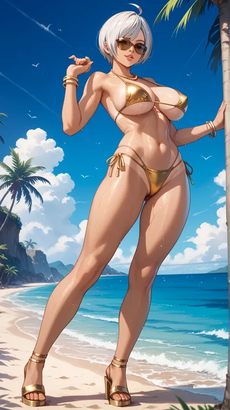    Sexy Angel from the King of Fighters , UHD,  big breasts, wearing a very sexy micro bikini, Bandana,  sunglasses, gold necklace,  well-defined body,  short hair,  white hair,  Open legs, on a beach,  at night, pose sexy, sweating a lot,  golden sandals ...