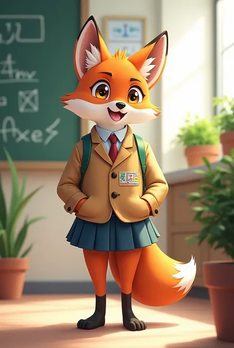 Fox wearing school uniform in anime style and add logo name DomicFox