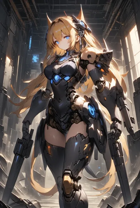 鳥茶丸1girl, (furry, kemono :1.4), cat girl, animal nose, cat ears, cat tail, blonde hair,  blue eyes, short hair, medium breasts, bare shoulders, heavy armor, gloves, black gloves, black skirt, black thighhighs, elbow gloves, thighhighs, looking at viewer, f...