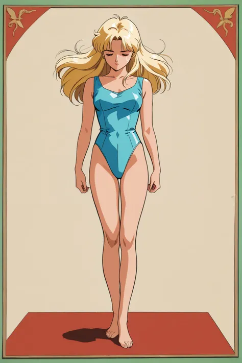 solo, blonde_hair, blue_leotard, leotard, 1girl, parody, barefoot, closed_eyes, retro_artstyle