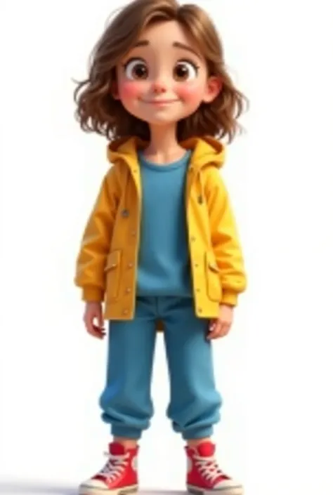  girl with fair skin ,  large and curious brown eyes and light brown hair loose up to her shoulders ,  illustrated with an artistic style inspired by Disney Pixar .  She is dressed in a plain blue sweatshirt without a zipper ,  some sweatpants matching blu...