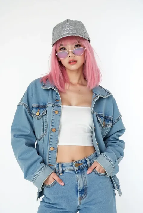 A Korean ager girl with pink straight hair with bang wearing a jean jacket and baggy jeans. White cropped top. Wearing a glittery silver metallic cap and silver glasses. Cool style. Posing sexily. White background 