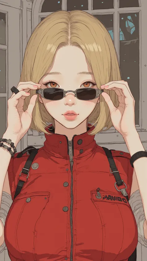    super real、    photorealistic、    of a beautiful Japanese woman 、 Clear white skin 、 blonde、 short hair、Forehead、 remove sunglasses with integrated lenses and bite off the rim、Look down and look downwards 、 sleeveless red military uniform、 Front Shot、 u...