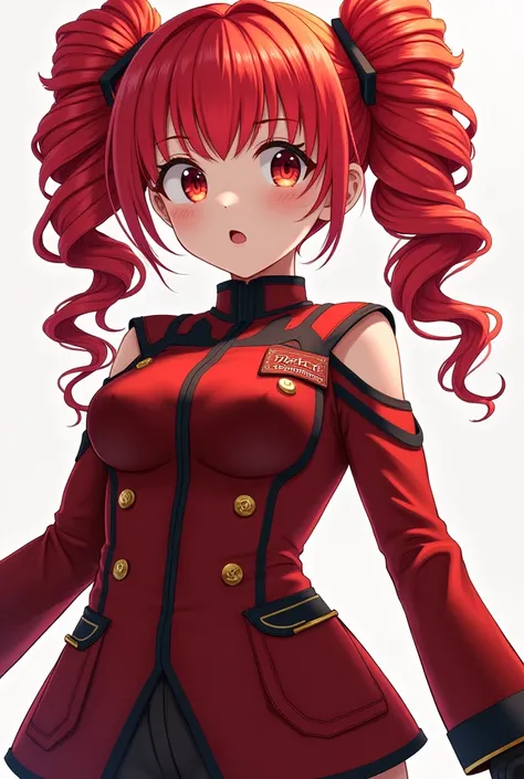 
Red twin-tail look like a drill, clothes that look like red military uniforms up to the shoulders, long-sleeved arms, and clothes that look like cut shoulders。 1 girl, 