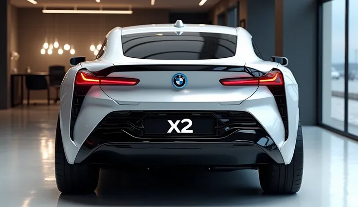 An ultra-realistic image of the back end of a futuristics back 2025 bmw x2. The car features a large, imposing, and aerodynamic design with a glossy white shiny exterior. The back view end has a wide, aggressive grille with intricate black accents and a mo...