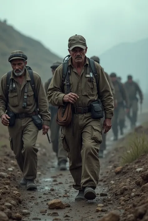 March of miners being wet by rain in the Bolivian Altiplano