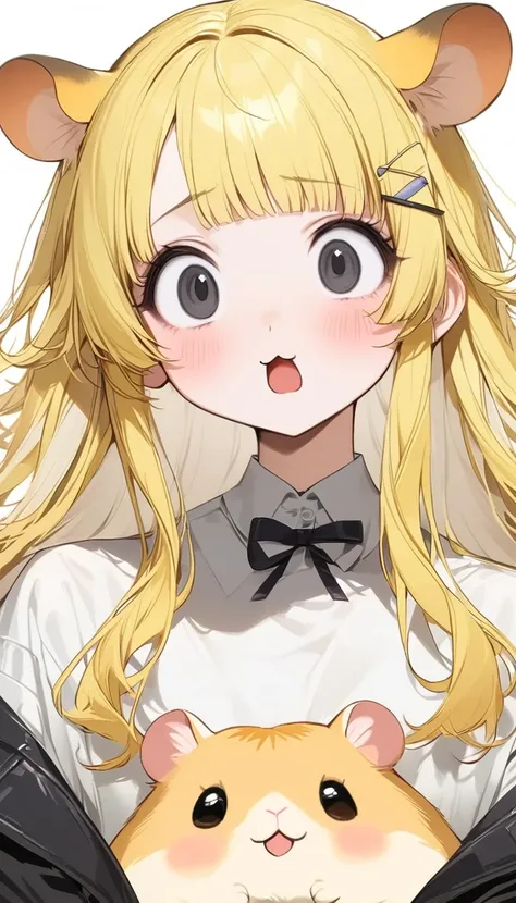 hamster ear 少女,  Cute Hamster Ears ,  very realistic yellow hamster  , perfect anatomy,   long yellow hair , 非常に  long hair,  straight perm, bangs, (((bangsに赤い蝶のヘアクリップ))),  black eyes,  New Look,   long hair, Yellow Hair, white inner hair , ：3,   oversized...