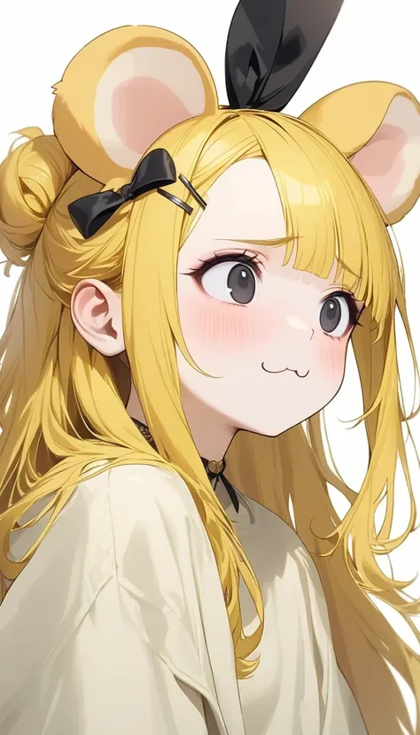 hamster ear 少女,  Cute Hamster Ears ,  very realistic yellow hamster  , perfect anatomy,   long yellow hair , 非常に  long hair,  straight perm, bangs, (((bangsに赤い蝶のヘアクリップ))),  black eyes,  New Look,   long hair, Yellow Hair, white inner hair , ：3,   oversized...