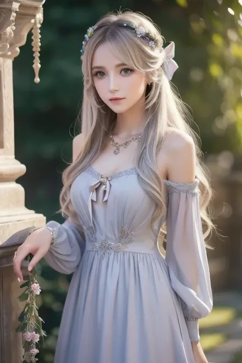  One Girl ,  long hair, Light Hair Color,  enchanting eyes,  Mysterious Expressions , Mature Appearance, Attractive dress,  Relaxed Dress, Graceful Jewels , Intricate decoration, Magic symbols, Glowing Accessories,  potion , Scroll, Cute accent, bow, ribbo...