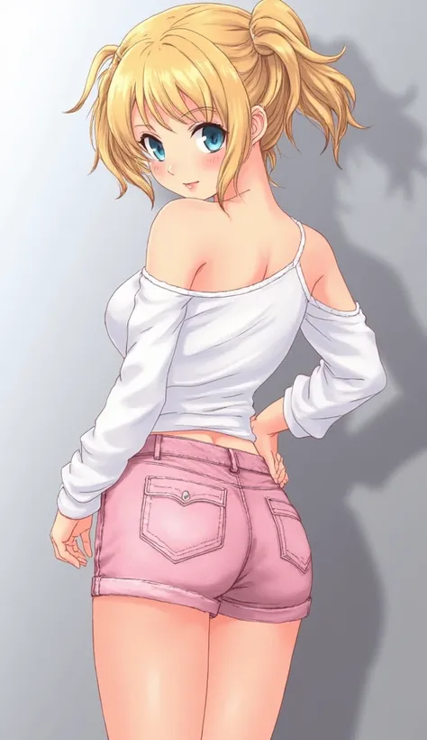 High resolution Photograph, hyper-realism, 1girl, shorts, ass, solo, blonde_hair, looking_back, twintails, blue_eyes, realistic, from_behind, looking_at_viewer, short_shorts, multicolored_hair, shirt, off_shoulder, pink_shorts, denim, back, bare_shoulders,...