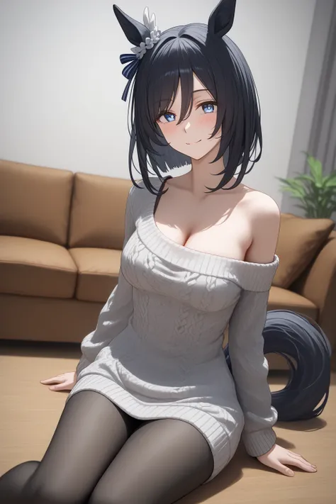 solo, EishinFlash, animal ears, ear ornament, tail, medium hair
BREAK
,(bangs),jewelry, (knit sweater,bare shoulder, black pantyhose) ,looking at viewer
BREAK
25 years old woman,medium breasts,cleavage,slender body ,(oblong face, mature female),large eyes,...