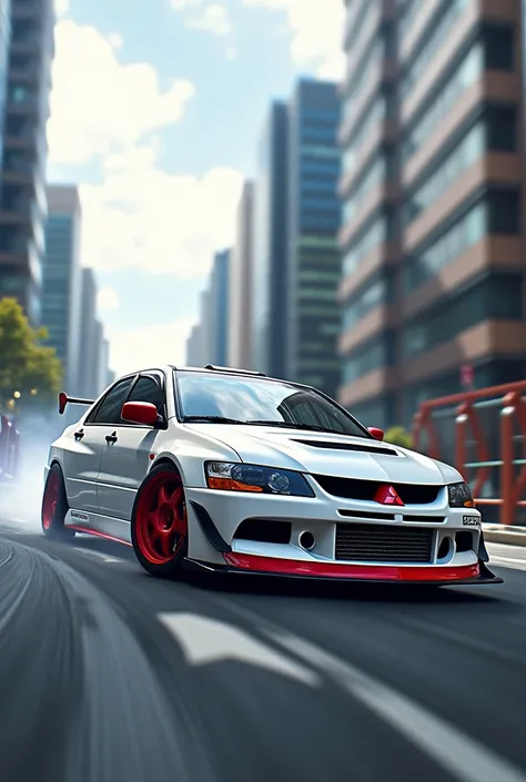 Take a picture of a white Mitsubishi Lancer evolution IV with red details, JDM style drifting on a street with surrounding buildings and a partly cloudy sky 