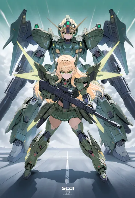 1girl, (mecha armor), mecha armor, mecha gauntlets, mecha boots, mecha skirt, mecha wings, weapon, rifle, large rifle, sci-fi, shoulder weapon, shoulder missile pod, long blonde hair, droopy green eyes, missile launcher, tactical gear, sci-fi, serious, mil...