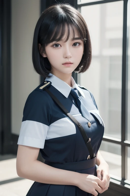 ( Highest Resolution ,  clear_ images)  best quality ,  single person ,  one woman, Alone, Masterpiece,  very detailed,   semi-realistic  ,  Short Black Hair ,  black hair, bangs, 18 years old,  mature, light blue uniform, uniform, Indoor Background,  kind...