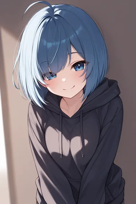 （masterpiece：1.2），Super detailed，perfect face shape，solo girl, Hiding one eye, bob cut hairstyle, blue hair, ahoge, smile, hoodie