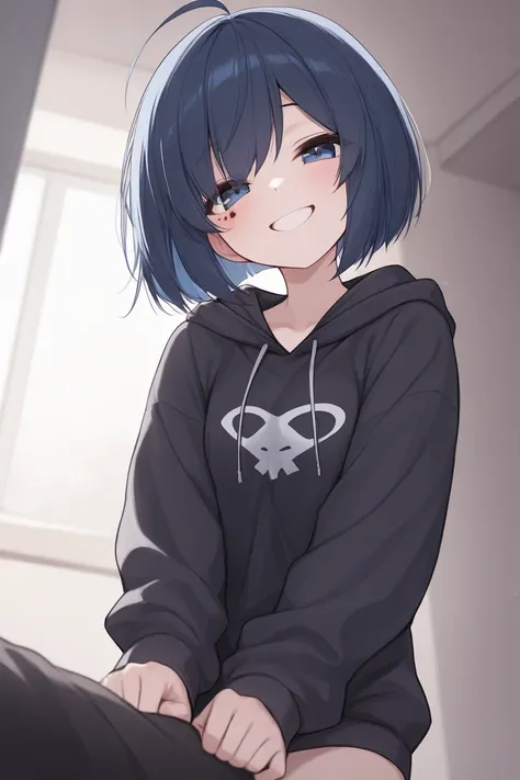 （masterpiece：1.2），Super detailed，perfect face shape，solo girl, Hiding one eye, bob cut hairstyle, blue hair, ahoge, smile, hoodie