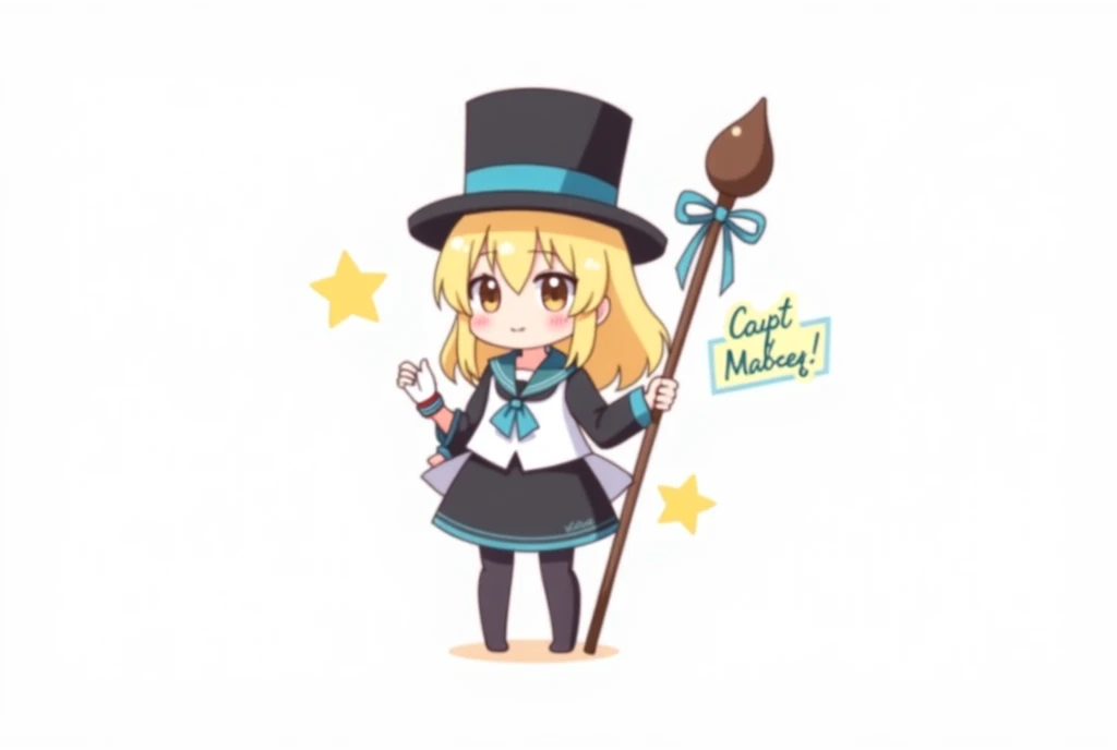 a little cartoon girl dressed in top hat and holding a staff and a blue ribbon, with yellow and blue writing, 1girl, solo, hat, blonde hair, top hat, pantyhose standing with Melody