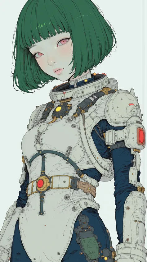    super real、    photorealistic、    of a beautiful Japanese woman 、 Clear white skin 、 green hair、 voluminous short hair、white and dark blue tight spacesuit 、Look down and look downwards 、 Front Shot、 upper body、 Information taken with a  、    