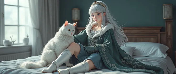  a Norwegian charcoal gray wool gown and 、Anime Images、 full body image 、 Compa、  full body view、 elegant pale Elegant loose waves with 、Beautiful  girl, Family Runes, like,  embroidered with healing and protection ,  with knee-high stockings , White deers...