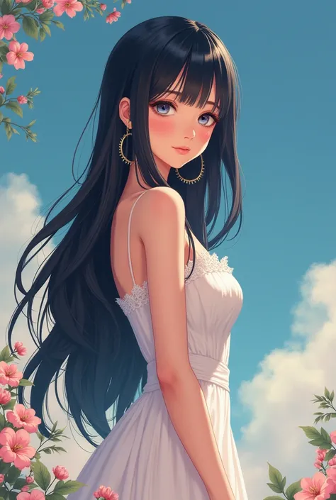 create for me a picture of my girlfriend who is slim, big breasted, beautiful, white skin, black hair, tall, cute, kind, 175 cm tall (make it anime style,full body)