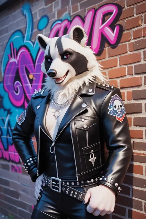 ((Masterpiece)), ((Ultra-detailed 3D render)), ((8K quality)), ((Anipunks-inspired artwork)), bold and highly stylized portrayal of a **rebellious badger**.  

A **badger with a fierce snarl**, exuding raw attitude and defiance, leans casually against a **...