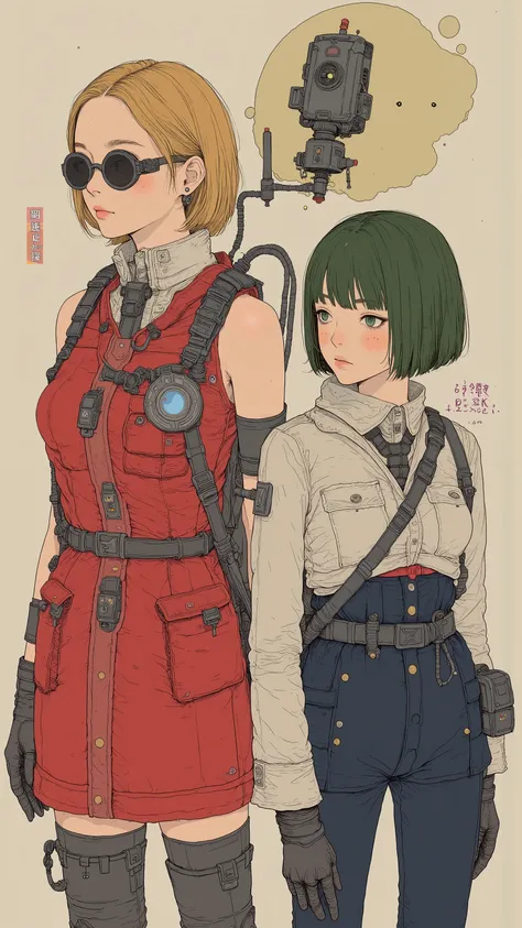    super real、    photorealistic、    Two beautiful Japanese women 、 Clear white skin 、 blonde、 short hair、Forehead、sunglasses with integrated lenses、Left facing profile、 wear sleeveless red military uniforms and are placed in front、Green Hair、ボリュームのある shor...