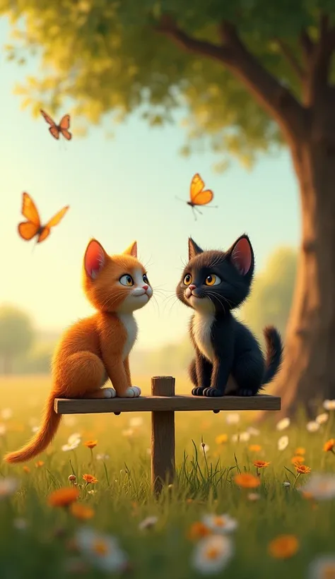 ultra-realistic animation two cute kittens bipedal styles pixar characters ultra-realistic cute playing on a seesaw in a flowery field near a tree, an orange cat and a black cat they are sitting each on one end of the seesaw like human ren, sitting like hu...