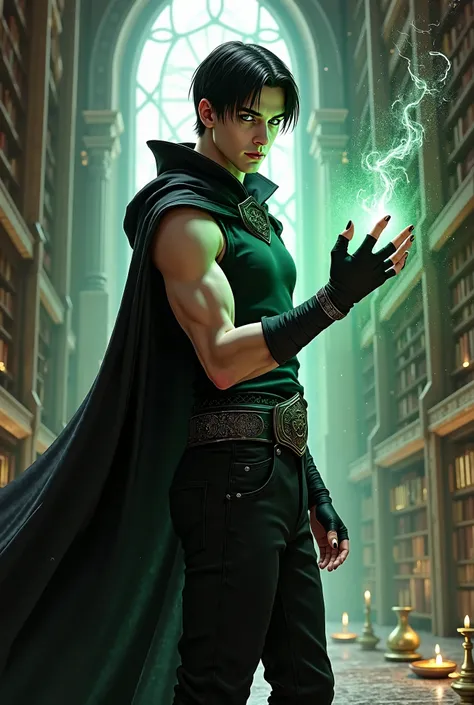 Create a modern fantasy illustration of a human wizard within a grand, dimly lit library filled with towering bookshelves and scattered arcane artifacts. The wizard has pale skin, sleek black hair that falls just past his jawline, and piercing green eyes, ...