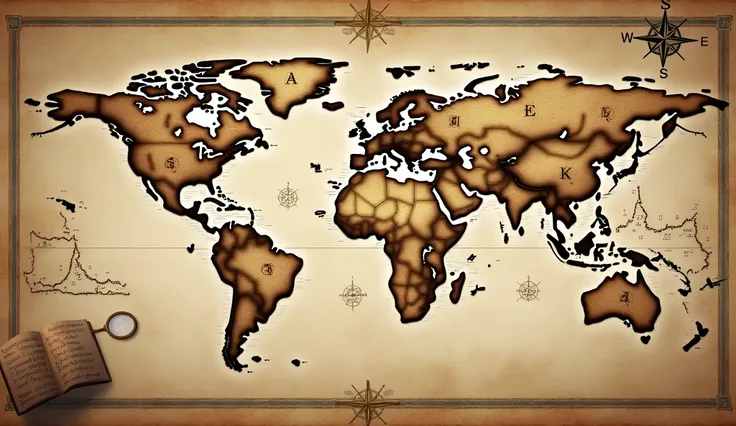 An ancient-style map with a vintage, textured parchment background in warm tones of beige and brown. The design features intricate details like compass roses, old-fashioned navigation lines, and subtle illustrations of books, magnifying glasses, and questi...