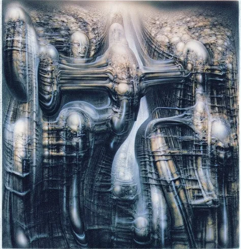 DARK BLACK COLORS, Giger_style, H. R. Giger's g1g3r, , Giger_style, The image is a detailed view of H.R. Giger's \" HRG Aleph \" plate, featuring ( iThe image depicts a highly detailed and intricate texture, resembling a organic, alien-like structure with ...