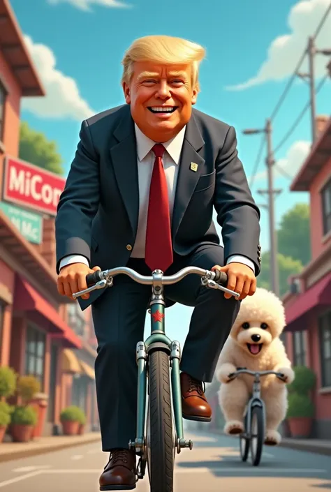 donald trump riding a bike beside a big poodl dog riding a bike, adult cartoon theme , animation 