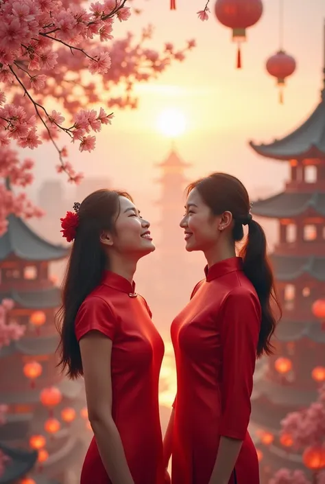 2 young women with warm smiles wearing red cheongsam dresses and a young Korean man wearing a red cheongsam dress towering over the cityscape of pagodas and futuristic buildings with lanterns. he interacted gently with the dragon lion dance hovering around...