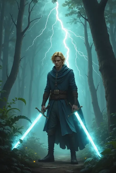 A realistic fantasy image featuring a young man (aged 25-30) with golden hair, holding two enchanted, glowing swords. The man should appear confident and heroic in a full-body pose, with his stance suggesting he is facing an unseen enemy.

The swords must ...