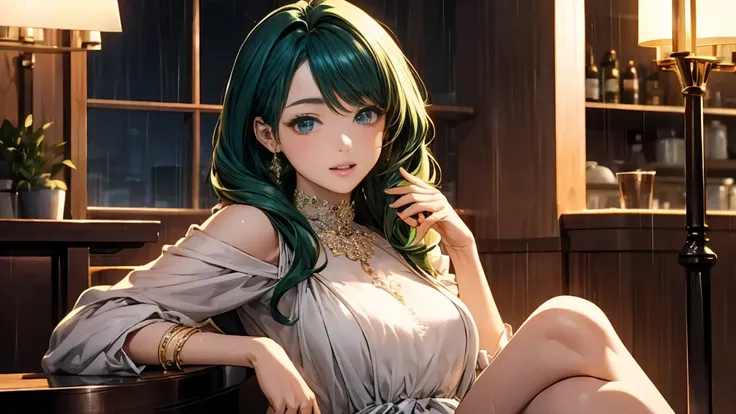  Beautiful Woman Wearing a Dress, beautiful and elegant, 2.  5d cgi anime fantasy artwork, Fantasy MMO, Beautiful woman relaxing in an inn , drinking alcohol 、 green hair、 emerald green eyes、Long Rain at Night 、 indirect lighting