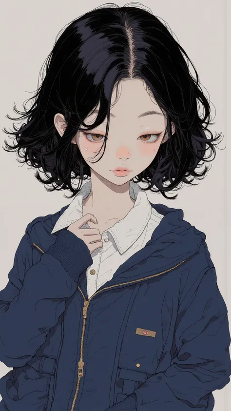    super real、    photorealistic、    of a beautiful Japanese woman 、 Clear white skin 、 tea hair、 voluminous short perm hair、Inside the navy blue jacket is a white shirt 、Look down and look downwards 、 Front Shot、 upper body、 Information taken with a  、   ...