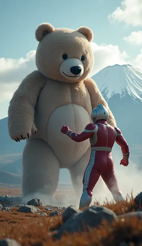 50 meters in size、Please show me a realistic stuffed bear fighting Ultraman.  Mt. Fuji is in the background.Bokeh