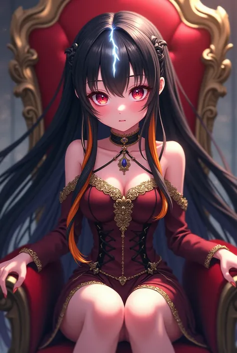 1 Twinkle Girl, Black hair with orange tips, White braid in the middle of the front in the form of lightning,  red eyes,  sitting on the throne ,  queen dress ,  Anime