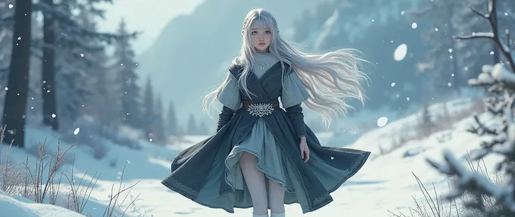  a Norwegian charcoal gray wool gown and 、Anime Images、 full body image 、 Compa、  full body view、 elegant pale Elegant loose waves with 、 flat chest 、。Beautiful  girl, Family Runes, like,  embroidered with healing and protection ,  with knee-high stockings...