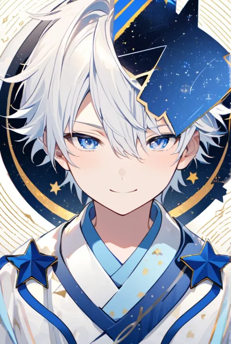 Create a Fiction Cover
Male Anime Characters
His white hair whips, light blue eyes
Wear a white kimono, contrasting with blue
Stand in the center of the picture and turn your head and look straight at half of the body with a smile.
ZODIAC STARS BACKGROUND