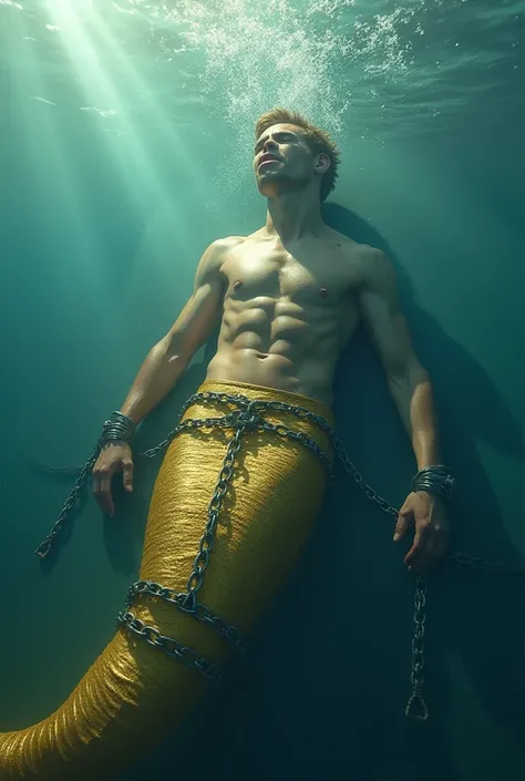 A male mermaid with a golden tail had his hands tied with iron chains in the vast ocean. is unconscious.