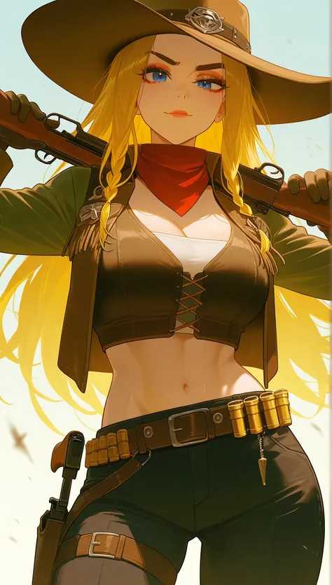 Detailed face,Blonde girl with blue eyes, crop top cowboy outfit , big , thick eyeliner, thick eyebrows, half smile, holding an M1 Garand Rifle, holster, eyelashes, raising right eyebrow, botox lips, wearing bandolier, gunslinger, old western settings ,cow...