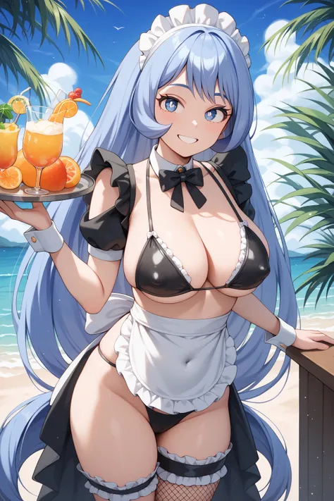 masterpiece,best quality,{{detailed beautiful face and eyes}}, very detailed background,
Nejire Hadou,{{{megami magazine}}},long hair,blue hair,hair between eyes,blue eyes,large breasts,
(black maid bikini:1.4),(white long apron:1.4),(frills:1.2), white ma...