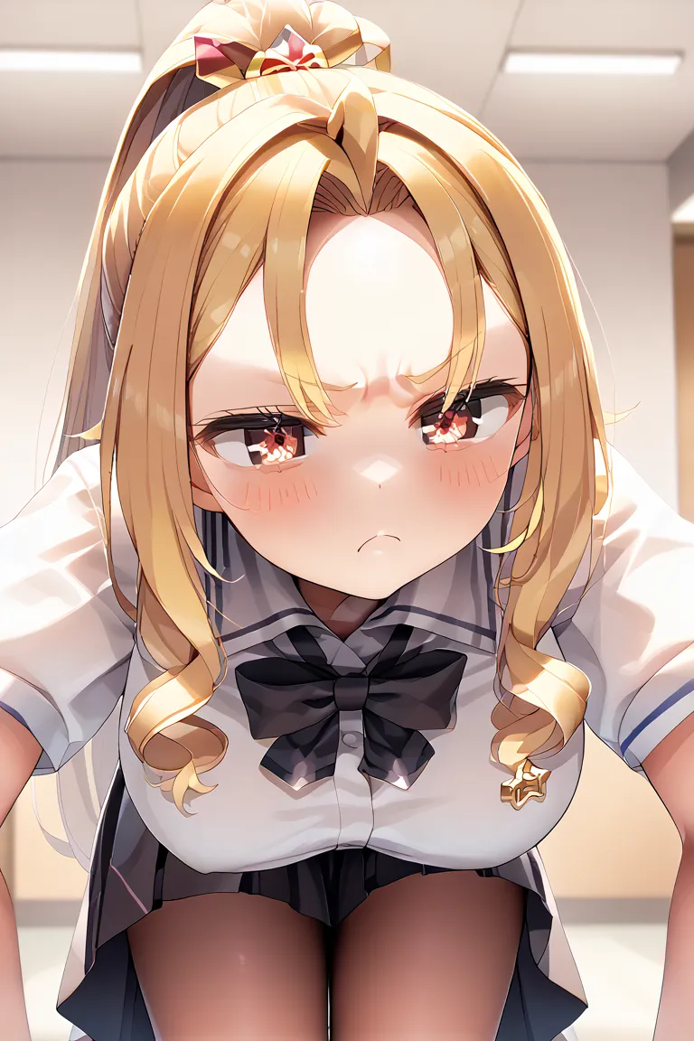  gals, high school students,Big Breasts, thighs, blonde, long hair,  ponytail, Bang Bangs,  Princess Cut, Foreheadの前髪, Forehead,Contempt的な目つき,  look down, stares at you,They make a disgusting face and seem dissatisfied,  hanging eye, Contempt,  high resolu...