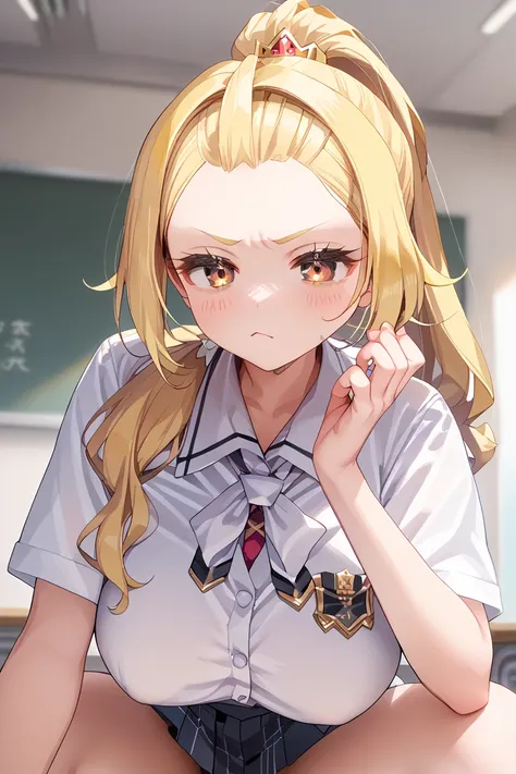  gals, high school students,Big Breasts, thighs, blonde, long hair,  ponytail, Bang Bangs,  Princess Cut, Foreheadの前髪, Forehead,Contempt的な目つき,  look down, stares at you,They make a disgusting face and seem dissatisfied,  hanging eye, Contempt,  high resolu...