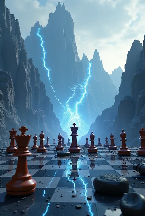 Realistic chess destroying the board on an electric mountain 