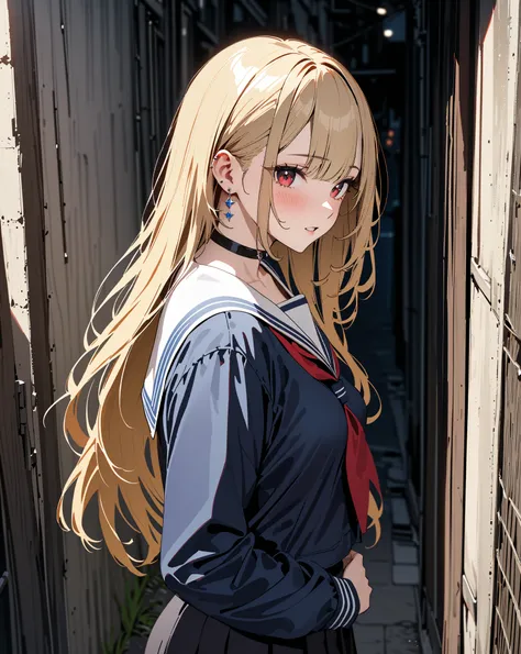 Back Alley,  sailor suit, blush, kitagawa marin, whole body,  1girl , blonde hair, long hair, multicolored hair, red eyes, jewelry, earrings, piercing, black choker, masterpiece:1.5, masterpiece, highest quality, UHD, retina, masterpiece, accurate anatomy,...