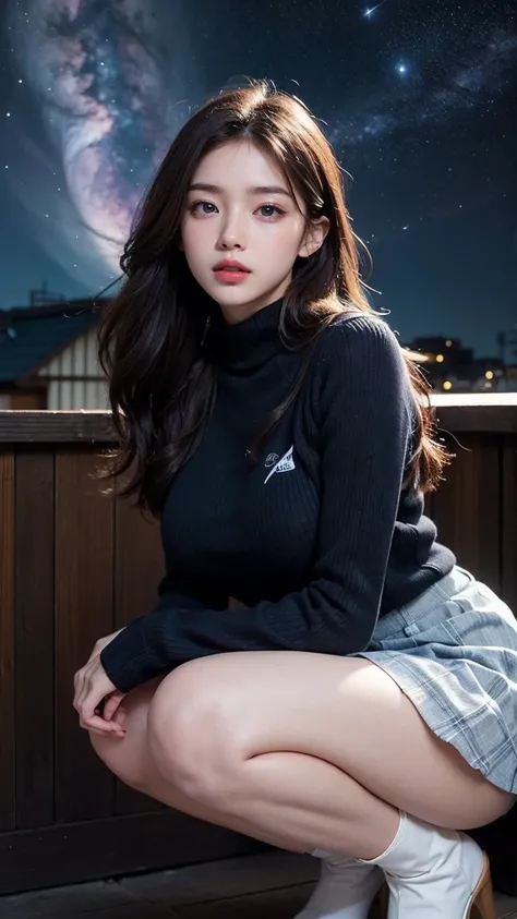 ai_kase, (A clear night sky with multiple nebulae clearly visible:1.2), (A beautiful girl looking at a nebula from the rooftop of a skyscraper), (Beautiful girl standing by the rooftop fence), (She is wearing a Color block crew neck sweater:1.3), break, (H...