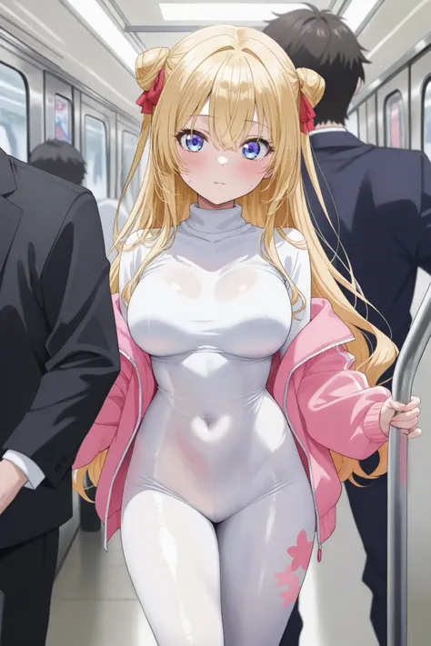 Beautiful blonde with an angelic face and delicious curves caught on the subway wearing very tight white lycra.