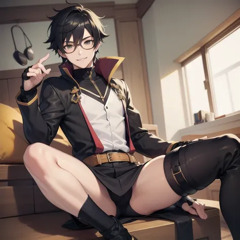 Handsome anime guy, black outfit, smiling, eye glasses, fingerless gloves, thigh-high socks 