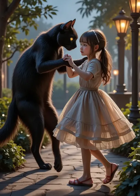 A big black cat and a girl hold hands and dance、 night resort、Street lamp